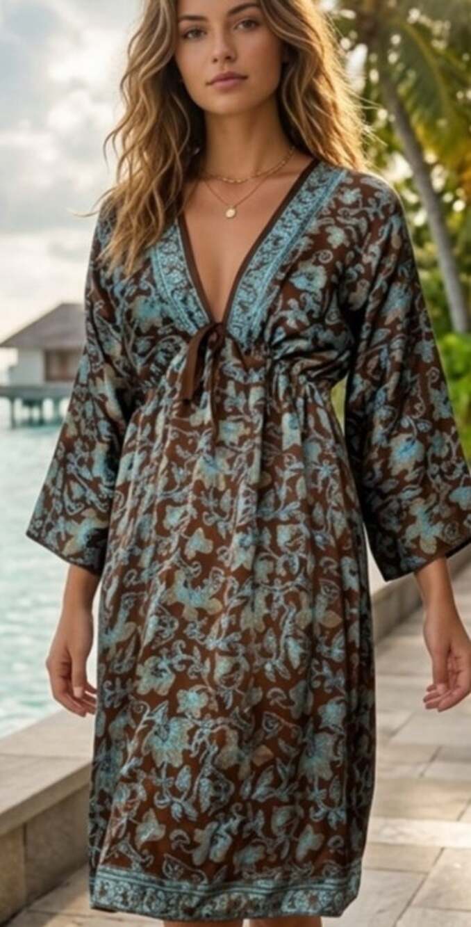 Floral Silk Kaftan Style Dress/Swim Cover/House Dress/Nightgown
